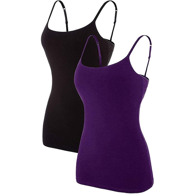 Charmo camisole de Base pour Femmes à Bretelles Spaghetti Ajustables avec Soutien-Gorge Intégré, Lot de 2, Comprenant une camisole Noire et Violette. Ces Essentiels de lingerie pour Femmes Comprennent des Bretelles Spaghetti Ajustables, une Encolure Dégagée et un Soutien-Gorge Intégré avec Bande Élastique pour un Soutien Sécurisé. Fabriqués en Mélange de Coton avec spandex pour l'Étirement et la Durabilité, Ils Offrent un Style Sans Coutures sous les Vêtements et Peuvent Être Portés Seuls Ou Superposés. Parfaits pour une Tenue Décontractée Ou comme sous-Vêtements pour Femmes.