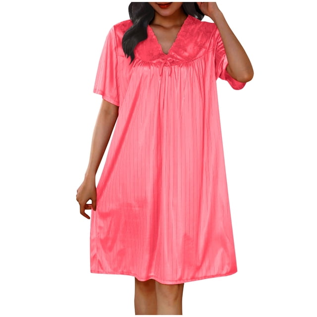 Timegard Robe de Nuit pour Femmes Col en V Manches Courtes Tenue d'Intérieur Décontractée Ample Confortable Robe de Maison Couleur Unie