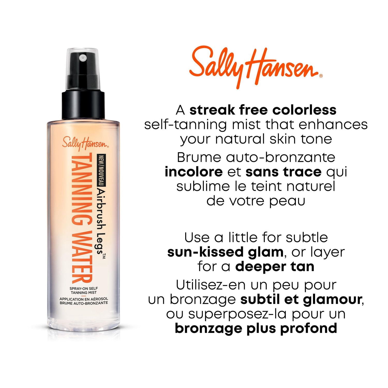 Sally Hansen Eau bronzante Airbrush Legs®, résistante à l'eau & au transfert, recouvre taches, veines & cicatrices, brume autobronzante sans trace