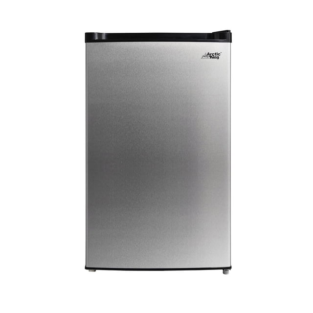 Arctic King 3.0 Cu. ft. Upright Freezer in stainless steel with a compact rectangular design, brushed metal finish, black recessed handle, Arctic King logo on the upper right, adjustable leveling legs, and manual temperature controls, suitable for home or garage use.