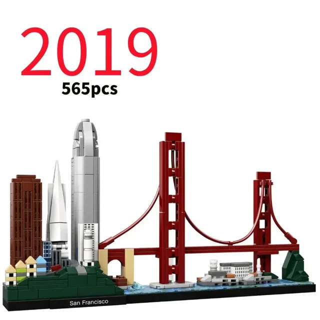LEGP 2016-2022 Architecture Skylines Collectible Series Of Building Blocks Kit, featuring a detailed model of San Francisco's skyline, including iconic landmarks like the Golden Gate Bridge and surrounding buildings. This 565-piece plastic construction set is designed for adults and recommended for ages 14 and up. The set is made from ABS plastic, adhering to European and American toy safety standards, and does not include a box. The model is compatible with LEG-0 blocks and is ideal for collectors or as a display piece.