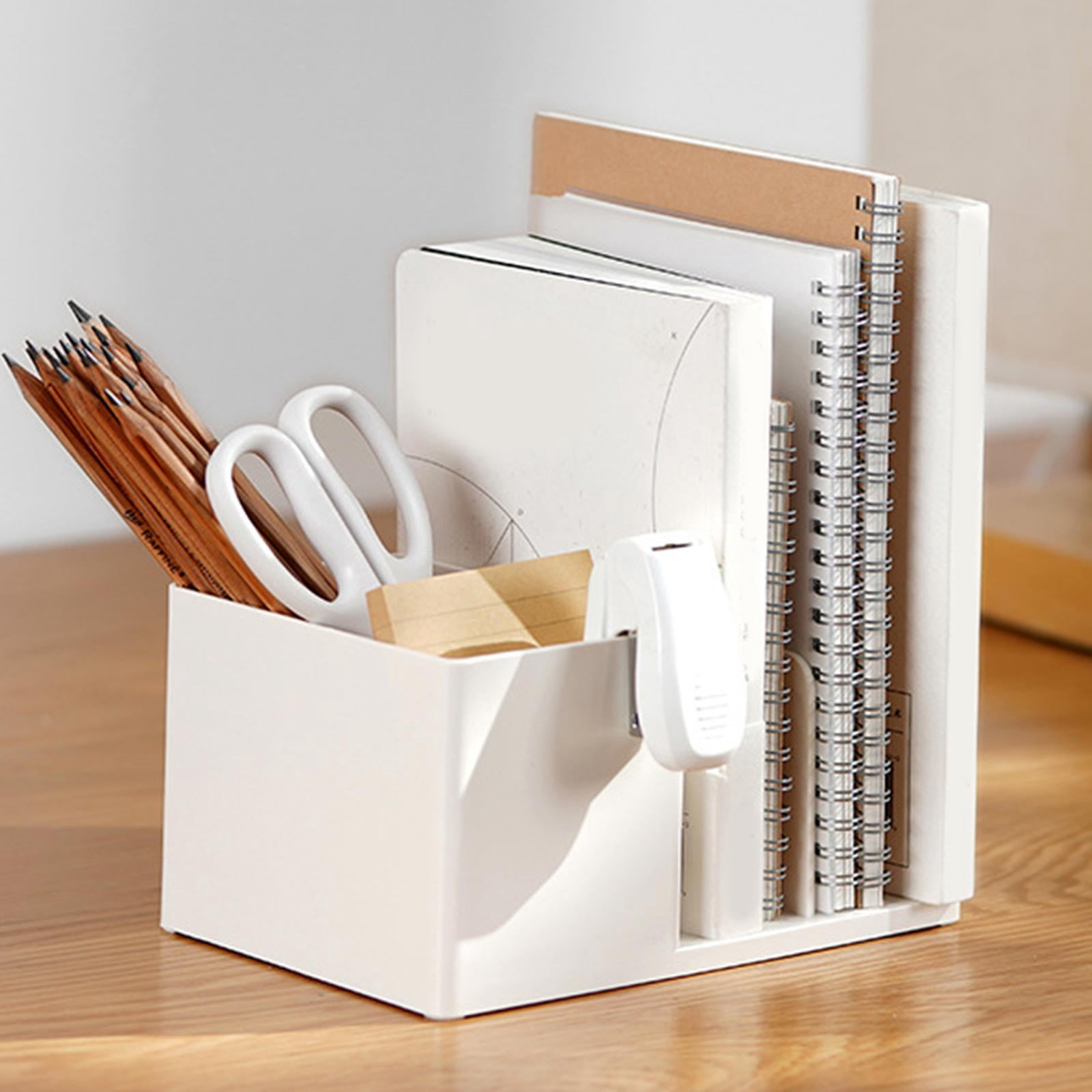 Desk Organizer with Pen Holder and File Sorter for Desk, Plastic Desktop Storage Caddy for Office Supplies, Books, Mail and Stationery, Space Saving Organizer for Home Office and Study Table