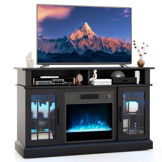 Costway Meuble TV avec Cheminée Électrique Lumières LED Télécommandes Armoires de Rangement Noir