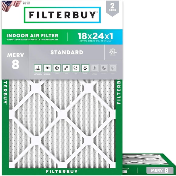 Filterbuy 18x24x1 Air Filter MERV 8 Dust Defense, HVAC AC Furnace Air Filters Replacement (2-Pack)