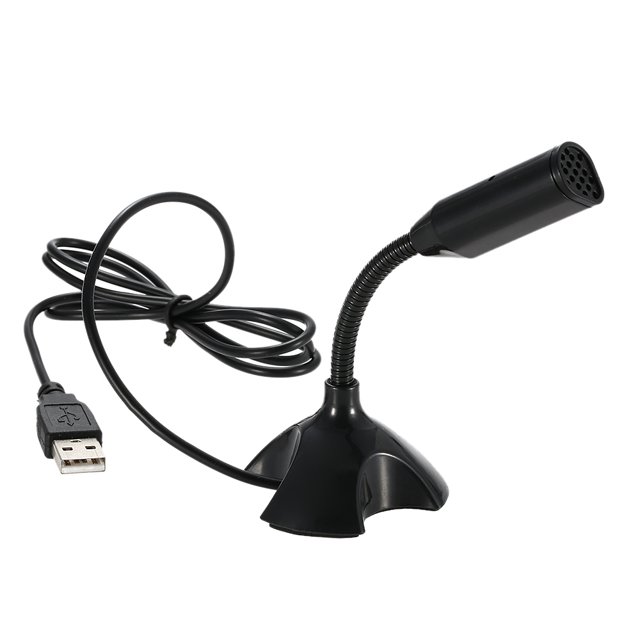 USB Desktop Microphone 360° Adjustable Microphone Support Voice Chatting Recording Mic for PC Mac with a USB port. The black microphone features a compact design with a 360° adjustable neck for flexible positioning. It includes a sturdy base stand and an 8-shielded cord with a USB connector for plug-and-play functionality. Ideal for voice recording, online chatting, and applications like Skype or MSN.
