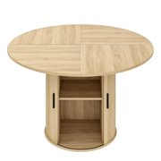 BeesClover 47" Round Dining Table for 4, Modern Kitchen Table with Built-in 2-Tier Storage Cabinet & Sliding Doors, Space-Saving Wood Dining Room Table