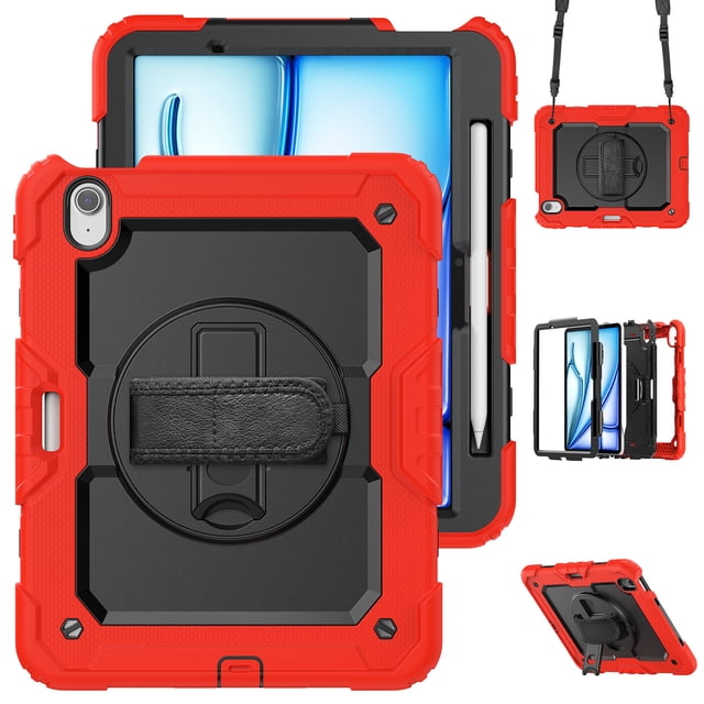 XYX For iPad Air 11 inch (2025 M3/2024 M2) Case, 360 Rotating Shockproof Cover with Stand, Screen Protector, Shoulder Strap, Red