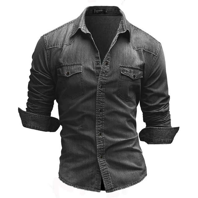 Men Denim Long-Sleeve Beefy Button Basic Solid Blouse Tee Shirt Top