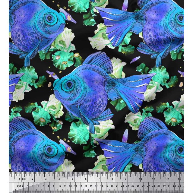 Soimoi Crepe Silk Fabric Fish Ocean Print Sewing Fabric Yard 42 Inch Wide