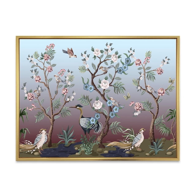 Designart Chinoiserie With Birds and Peonies XI FLOAT FRAME WALL ART is a traditional style framed canvas print featuring birds perched on flowering peony branches in blue, pink, and white tones against a gradient blue to mauve background. The gallery-wrapped premium cotton canvas is stretched over a 1-inch wood floating frame and arrives ready to hang, ideal for adding elegant wall décor.