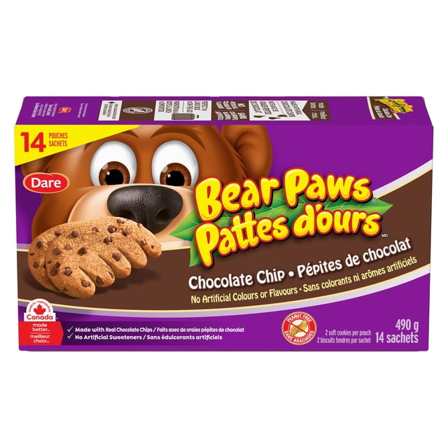 Bear Paws Chocolate Chip Cookies box with a cartoon bear face behind two soft chocolate chip cookies shaped like bear paws, containing 14 individually wrapped pouches, peanut-free and made with real chocolate chips and no artificial colours or flavours, suitable for school or travel snacks.