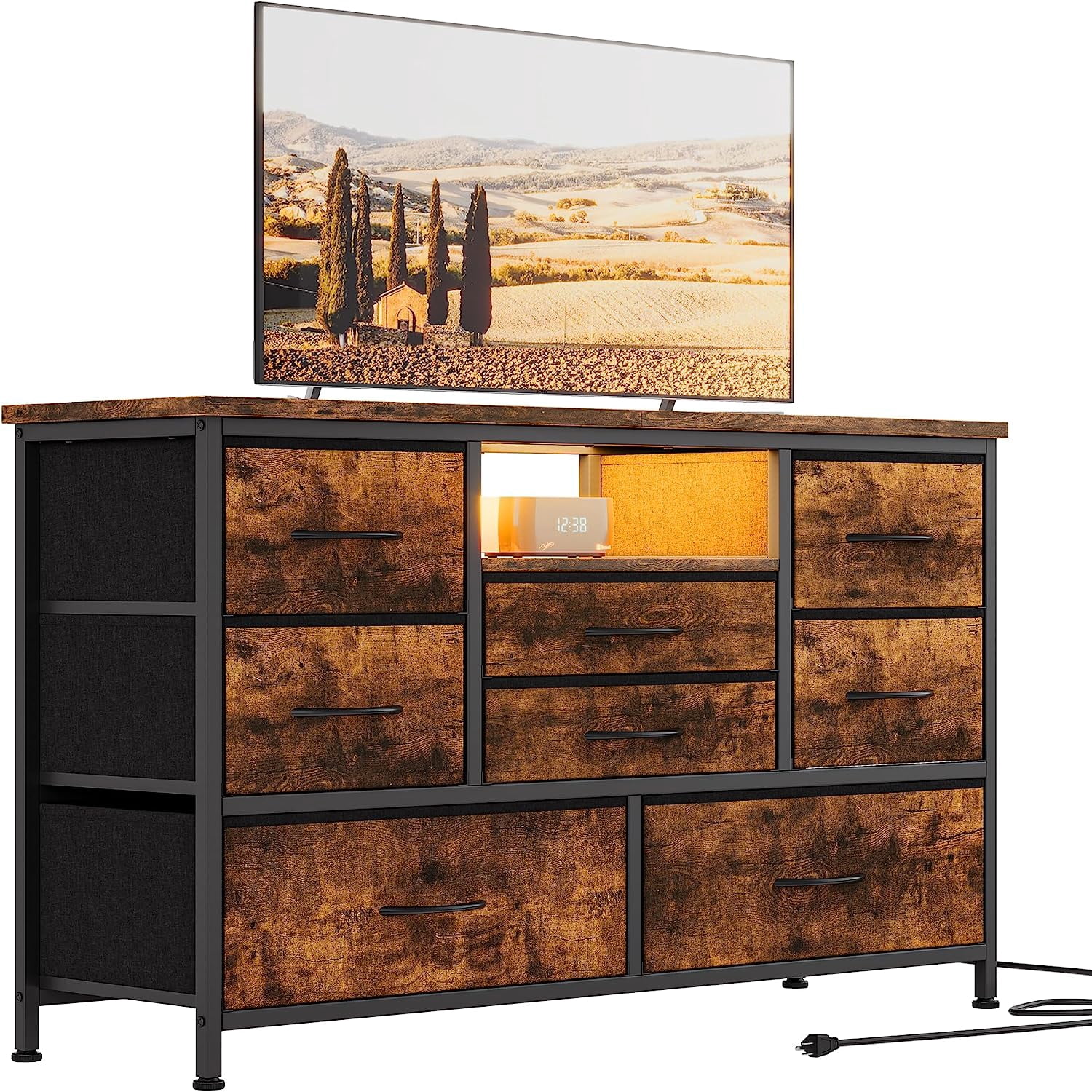 8-Drawer LED Dresser TV Stand with Power Outlet for 55'' TV - Wide Storage Chest for Bedroom, Living Room & Entryway, Wood Top Console Table with 22 Light Modes