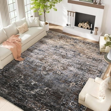 YUSAZENS 8 x 10 Vintage Distressed Washable Area Rug for Living Room, Non-Slip Ultra-Thin Soft Bedroom Carpet, Large Soft Rug for Dining Room, Low Pile Non-Slip Indoor Area Rug for Bedroom Camel