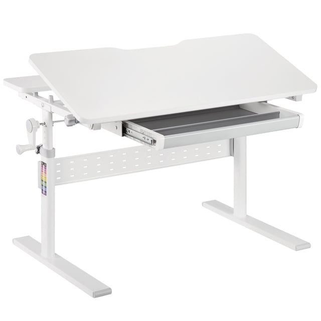 Multi-Functional Height Adjustable Kids Desk by PrimeCables, shown in a sleek grey finish. This ergonomic children’s study and writing desk features a tiltable desktop adjustable from 0° to 40° via a pneumatic lever, ideal for writing, reading, and drawing. The desk height adjusts manually from 22 to 29.9 inches with a locking rotary knob, accommodating growing children or petite adults. Constructed with child-safe E1 Grade MDF and a sturdy carbon steel frame, it supports up to 40kg. Includes a practical compartment drawer for organized storage, making it perfect for home or bedroom study spaces.