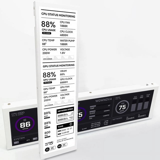 8.8inch Moniteur de temps d'ordinateur (thème dynamique pris en charge), IPS Écran secondaire de type C CPU RAM HDD Données FPS Moniteur blanc