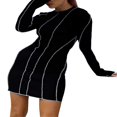 thumbnail image 2 of Women Casual Bodycon Dress Contrast Color Crew Neck Long Flare Sleeve Ribbed One-Piece Dress, 2 of 5