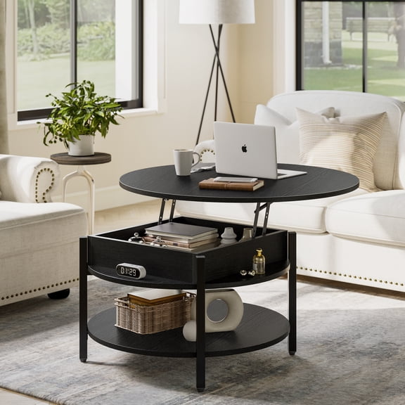GUNAITO Petite Table Basse Ronde à Plateau Relevable avec Rangement Table Centrale Moderne Style Ferme avec Tablette Petite Table Ronde pour Salon pour Salon Noir