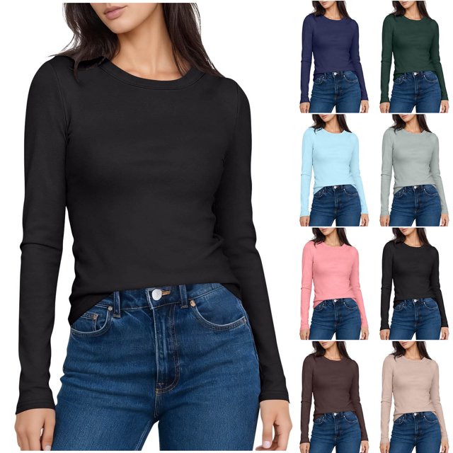 Yuyuzo Long Sleeve Shirts Womens Crew Neck Slim Fitted Bade Layer Tee Shirts Solid Color Comfy Fall Basic Clothes
