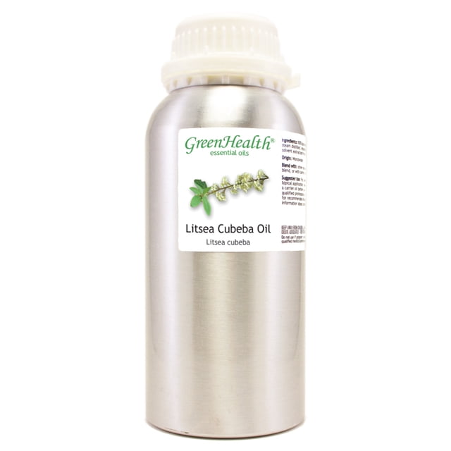 16 fl oz Litsea Cubeba Essential Oil (100% Pure & Uncut) by GreenHealth, packaged in a durable aluminum bottle with a secure white cap. The label features the GreenHealth logo, product name, and an illustration of litsea cubeba plant. Suitable for aromatherapy and other essential oil applications.