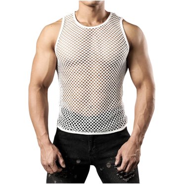 Summer Clearance! Grrvtrz Crew Neck Tank Top Men, Men's Mesh Fishnet Fitted Sleeveless Muscle Top