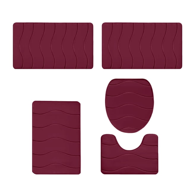 zanvin Bathroom Mat, Memory Foam Bath Mat 5 Set Bathroom Rugs for 5 Pcs Toilet Mats in a dark red color. The set includes a toilet mat, two bath mats, a square bath floor mat, and a toilet cover. Each piece features a modern wave pattern and is made of velvet fleece with memory foam backing for comfort and water absorption. The non-slip rubber backing ensures safety, and the mats are machine washable for easy maintenance. Suitable for bathrooms, restrooms, and as a gift for special occasions.