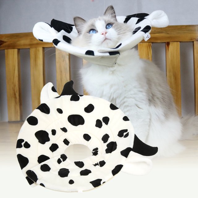 Collier Chat Elizabeth Cône Dessin Animé Ajustable Motif Vache après Chirurgie Collier de Récupération pour Chiens et Chats