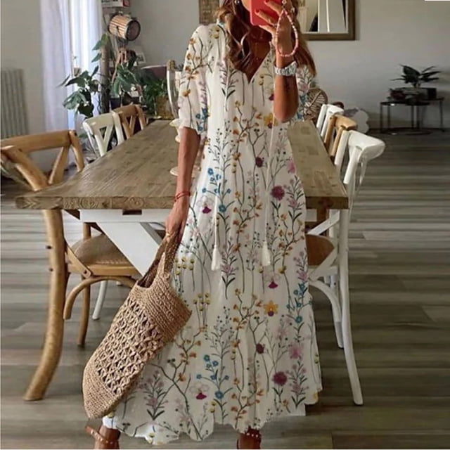 EQWLJWE Robe pour Femmes Liquidation Mode Robe Décontractée pour Femmes Printemps et Été Col en V Manches Trois-Quarts Robe Imprimée Robes pour Femmes Grande Taille