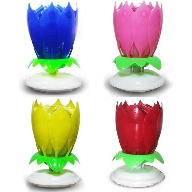 LAICAIW 4PCS Set Music Birthday Candle with lotus-shaped designs in blue, yellow, pink, and red. Each candle features 14 small candles in two layers, rotates, and plays the 'Happy Birthday to You' melody. Ideal for birthday parties, the candles unfold like blooming flowers when lit, creating a festive and romantic atmosphere.