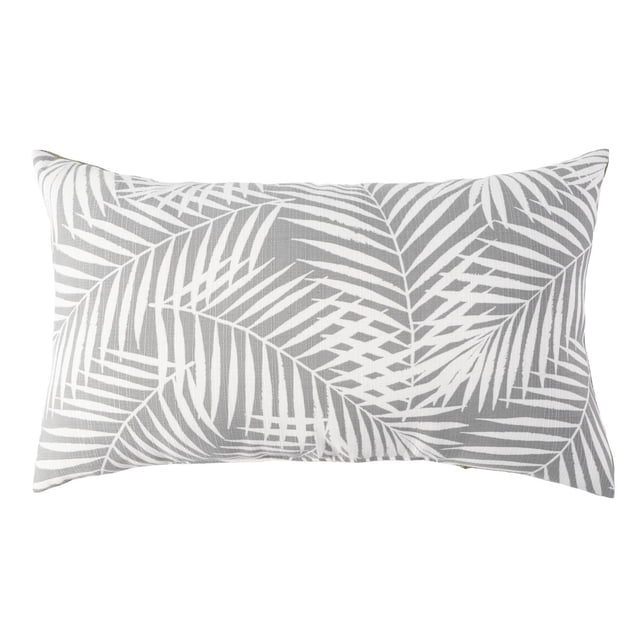 Leaves Toss Cushion 2-Pack with a rectangular outdoor pillow featuring white palm leaf patterns on light grey water-repellent, UV-treated recycled polyester fabric, designed to update patio and porch decor with durable, easy-care comfort.