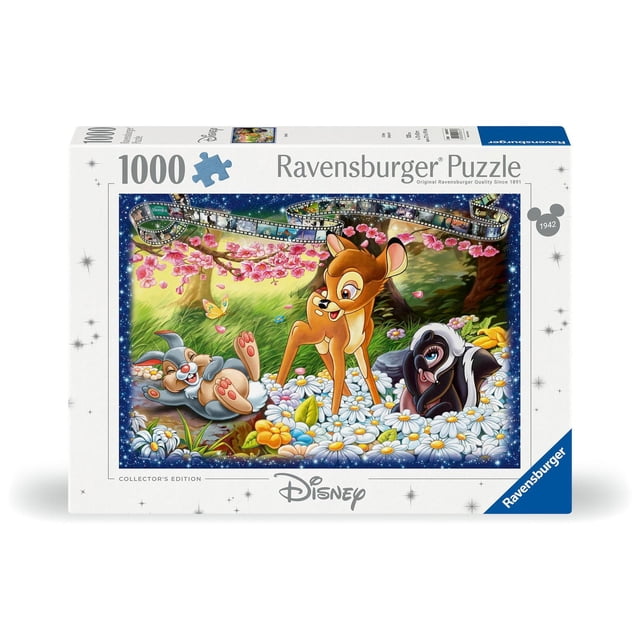 Ravensburger Disney Collector's Edition: Bambi Puzzle centered front-facing jigsaw puzzle image showing Bambi with Thumper and Flower on a sunlit forest floor; visible interlocking puzzle piece edges and fine linen-textured printed surface, warm green and brown illustration tones, collector's jigsaw puzzle artwork suitable for display.