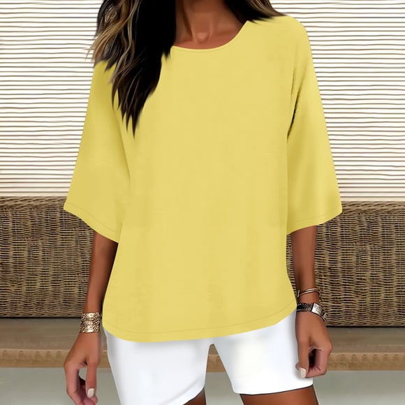 Sijiajgjfu Hauts pour Femmes Grande Taille Manches 3/4 Blouses Plissées Cache-Ventre Coupe Ample Col Ras du Cou Tuniques Décontractées