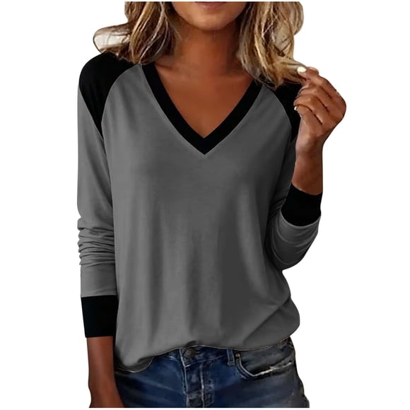 Jalioing Women's V Neck T Shirt Color Block Long Sleeve Trendy Shirt Casual Loose Pullover Tees Clothes