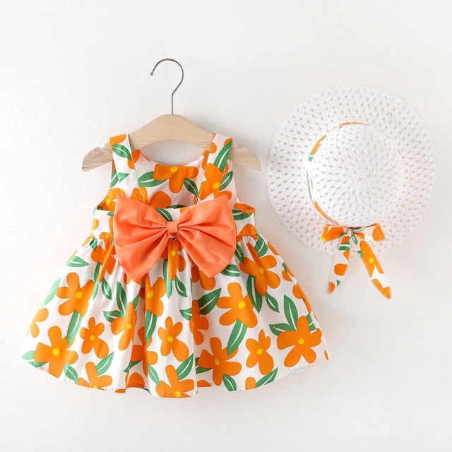 Robe Bébé Fille Sans Manches Tutu Robes Robes d'Été pour Filles avec Chapeaux Ensemble 2 Pcs Robe de Fête Bébé 1-2 Ans
