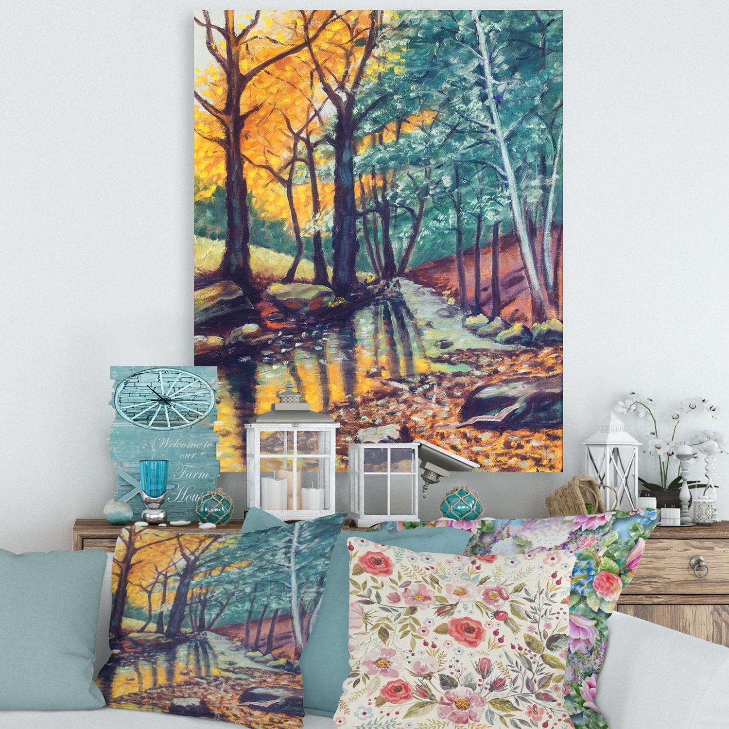 Designart paysage, à, rivière, dans, forêt automne, coucher soleil Art mural sur toile