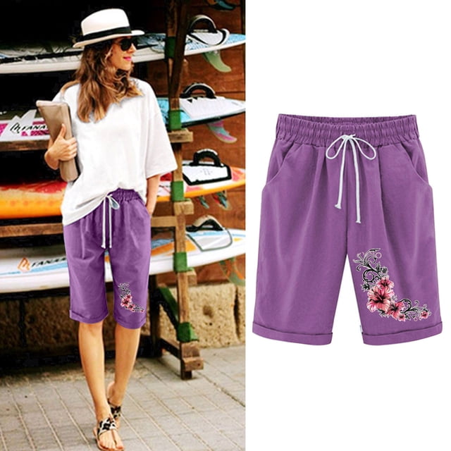 LOVZFMLL Women's Elastic Waist Printing Drawstring Shorts Purple L