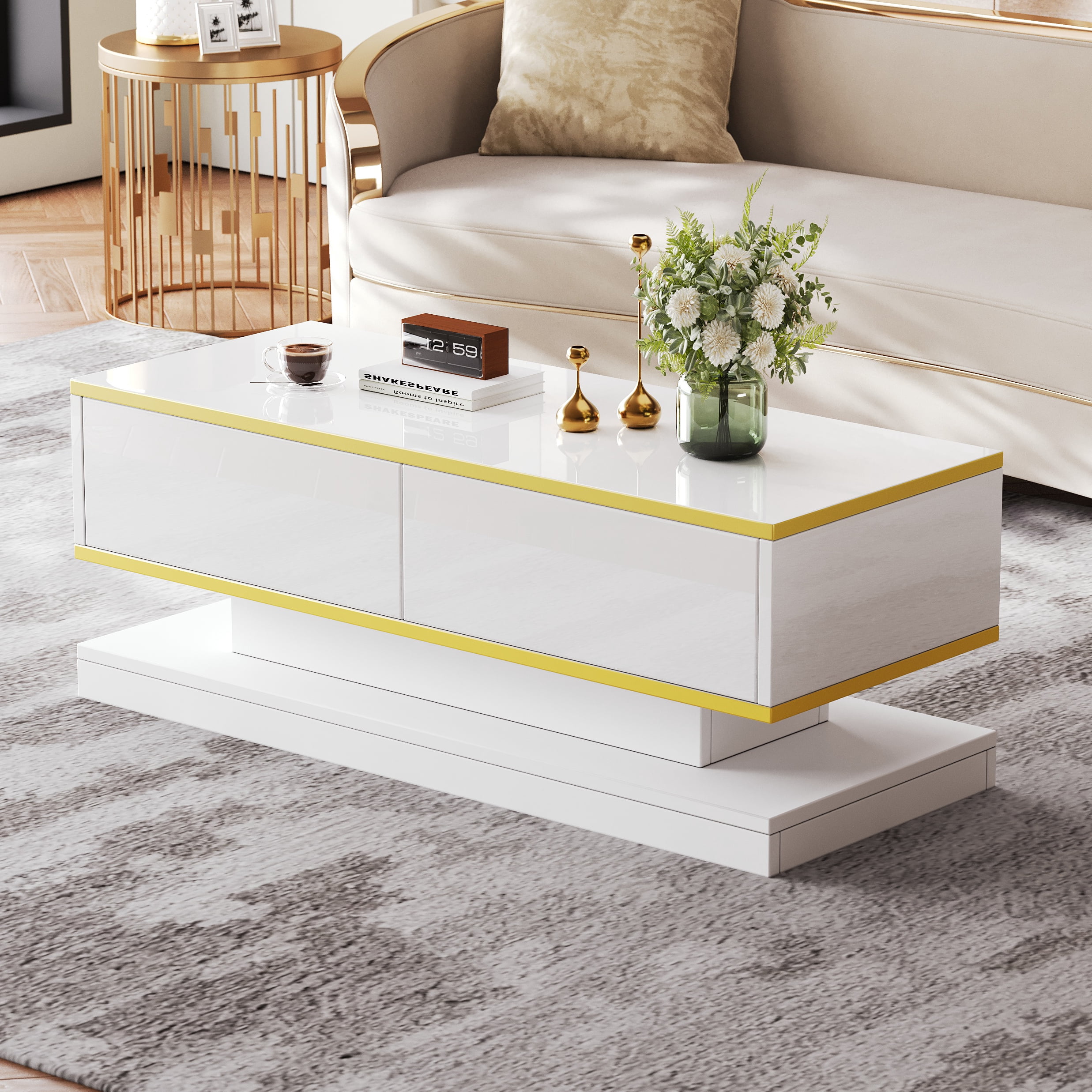 Table basse Noble House 100 cm, fini lustré, bordure dorée, 2 tiroirs, blanche
