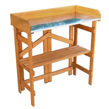 Table Utilitaire Pliante Merry Garden et Banc de Rempotage, Naturel Teinté avec Tablette Ajustable. Ce Banc de Rempotage compact Présente une surface Métallique Galvanisée durable, une Deuxième Tablette pour le Rangement et un Espace de Travail Ajouté, et une Fonctionnalité Pliable pour un Rangement Facile. Fabriqué en Bois hemlock avec des dimensions de 15,75 L x 31,89 L x 34,06 H Pouces. Utilisé Souvent pour Organiser des Outils de Jardinage Ou de Petits Bacs à Plantes.