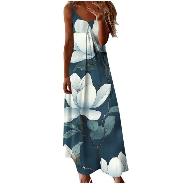 Robe Maxi pour Femme, Robe Longue Imprimée Sans Manches à Col Rond, Tenues d'Été Décontractées et Fluides pour un Rendez-Vous Quotidien, une Fête, des Vacances