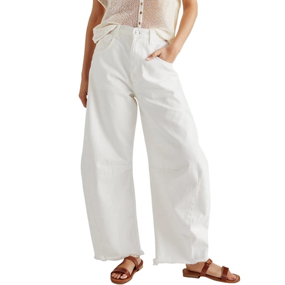 Ketyyh-chn99 Wide Leg Jeans Women Flare Jeans Pants Casual Fashion Loose Ladies Pocket Washed Denim Trousers White,S