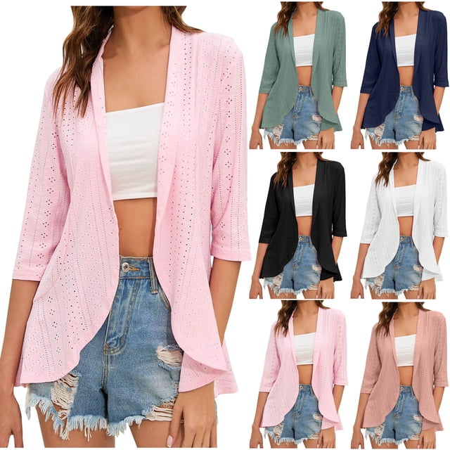 Meichang Cardigan pour Femmes Manches 3/4 Ouvert Cardigan Léger à Volants Fins