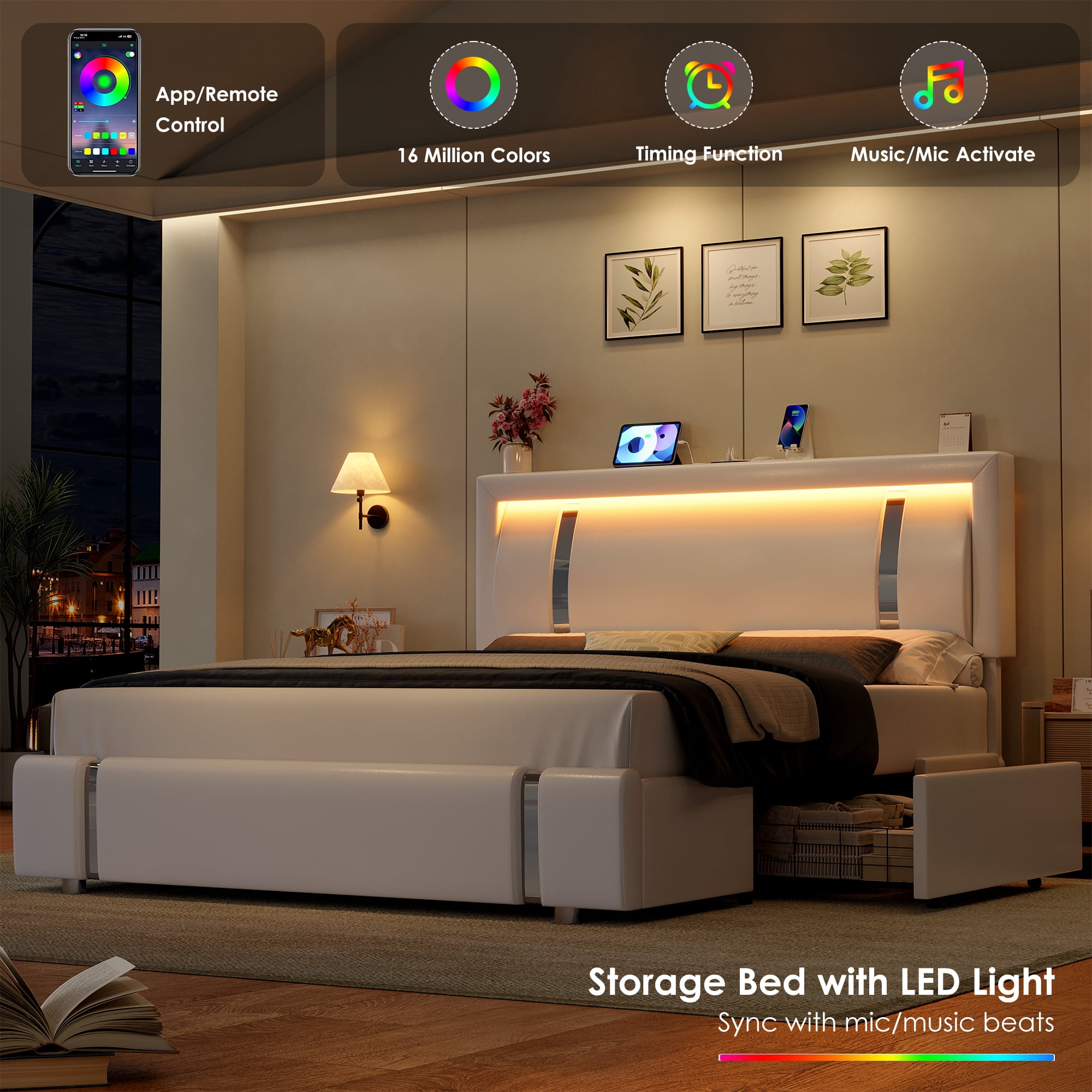 Homfa Queen Bed Frame with LED Headboard & Charge Station & 2 Storage Drawers, PU Leather Upholstery Adjustable Platform Bed Frame, White