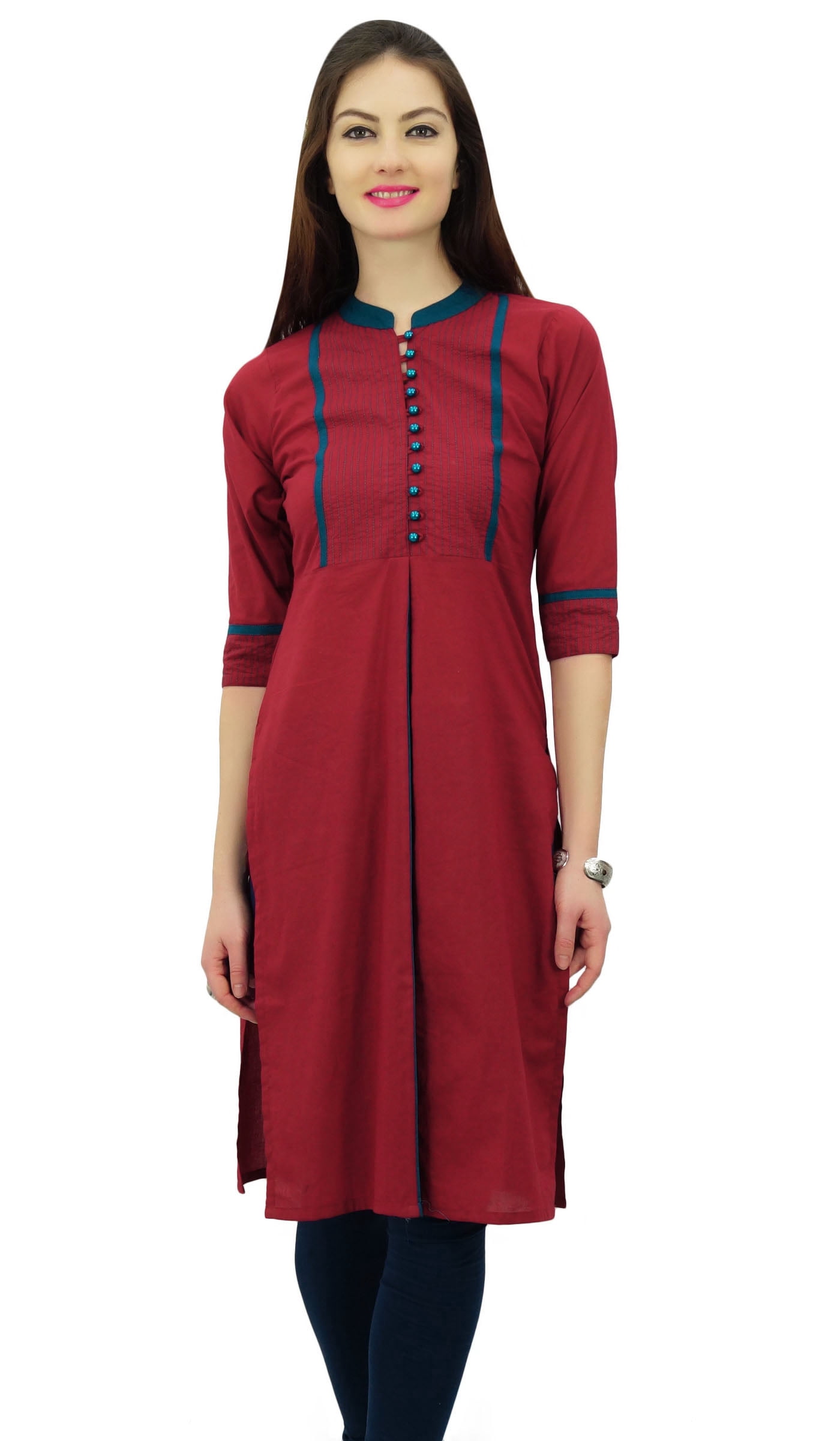 Phagun Women Solid Pattern Mandarin Collar Straight Kurti Indian Designer Ethnic Dress