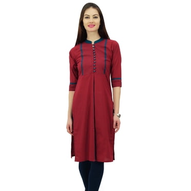 Phagun Kurti Droite à Col Mandarin pour Femmes, Motif Uni, Robe Ethnique Indienne de Designer