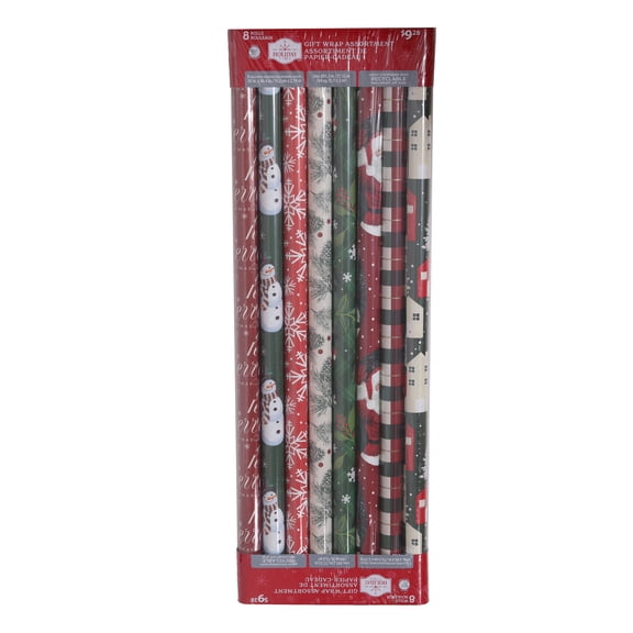 8 Rolls 144 SQFT Red Green Traditional Christmas Wrapping Paper by Holiday Time