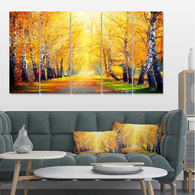 Arbres Jaunes d'Automne dans un Rayon de Soleil - Grande Impression d'Art sur Toile de Paysage