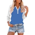 thumbnail image 2 of T-shirts pour Femmes T-Shirt Raglan à Boutons pour Femmes à Col en V à Manches Trois Quarts à Manches 3/4 Haut Ample Bleu P, 2 of 9