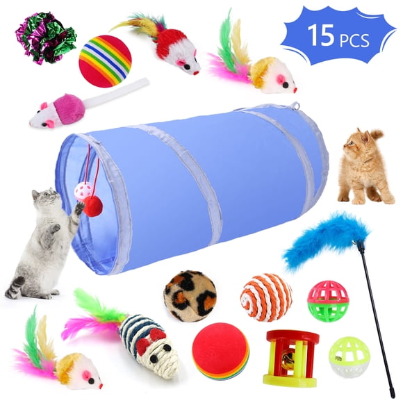 Semfri 15Pcs Cat Tunnel Toy Set Blue Kitten Tunnel Indoor Collapsible Pet Tunnel Teasing Stick Small Flower Drum Crinkle Ball for Kitten Bunnies Puppy Rabbit