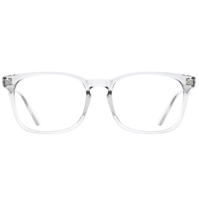 Blue Light Blocking Glasses Square Nerd Eyeglasses Frame Anti Blue Ray Computer Game Glasses with a transparent lens and square frame design. These glasses feature UV400 protection, anti-scratch, anti-reflective, and anti-glare coatings. Suitable for reducing eye strain during screen time and improving sleep quality. Includes a soft cleaning cloth and blue light blocking test tools.