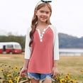 thumbnail image 3 of Cowsor Girl's Casual 3/4 Sleeve T Shirts Button V Neck Tunic Blouses Color Block Basic Tee Tops Loose Fit Summer Shirt, 3 of 6