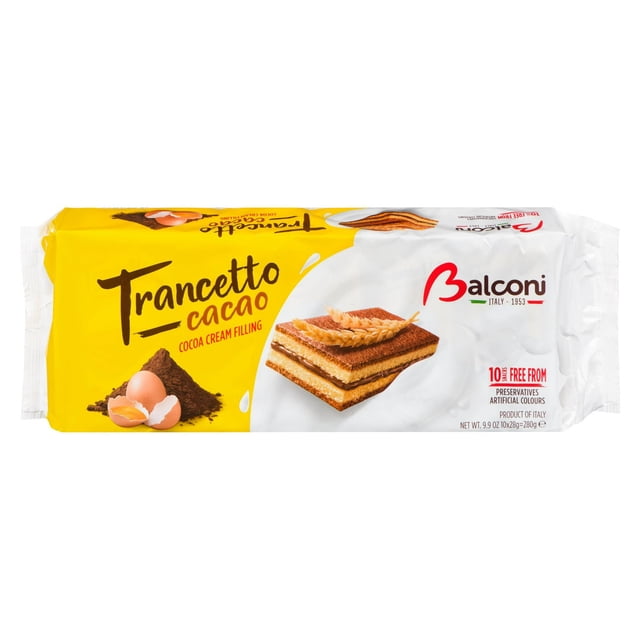 Balconi Trancetto Cacao Snack Sponge Cakes package with yellow and white wrapper showing mini layered sponge cakes soaked and filled with cocoa cream, cocoa powder, and eggshells, containing 10 individually wrapped packs, ideal for on-the-go snacking, free from preservatives and artificial colours.